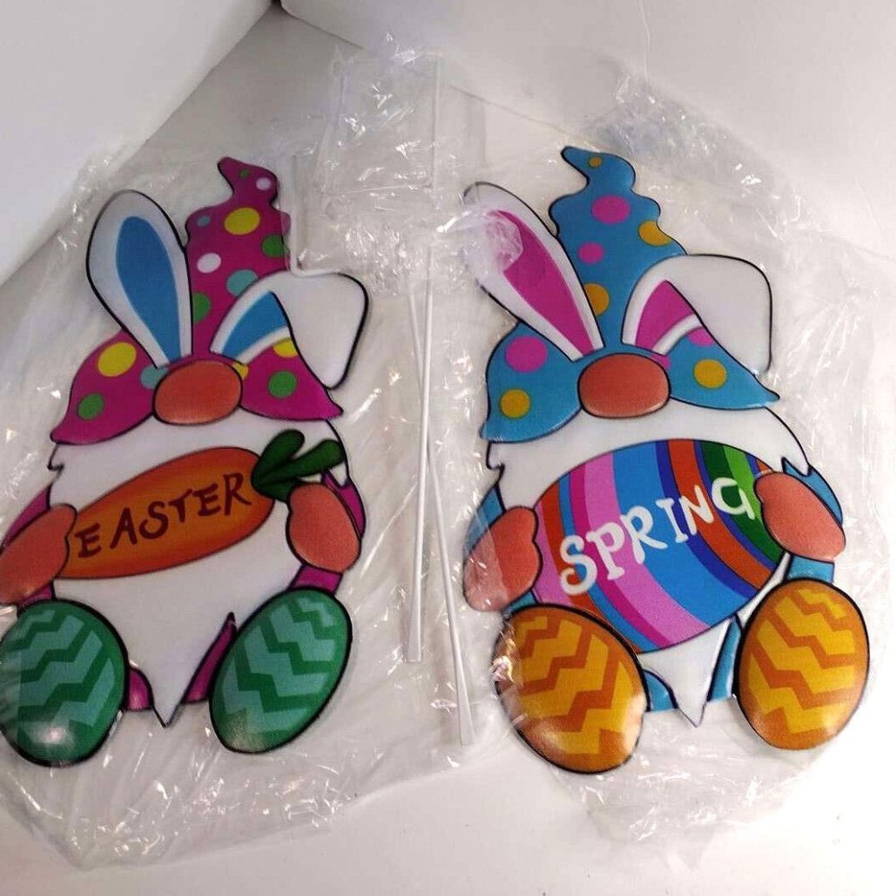 NEW Easter Decorations Outdoor Set of 2 Metal Easter Gnomes Yard Signs Outdoor